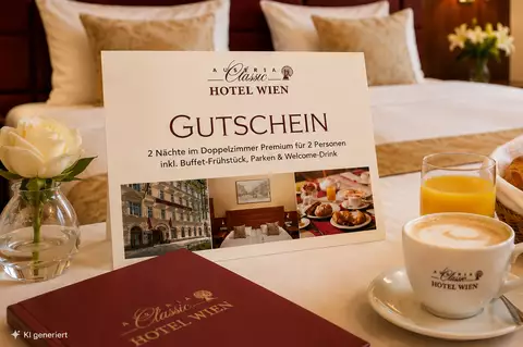 Ein elegantes Hotelzimmer mit einem Gutschein für einen Aufenthalt für zwei Personen. Auf dem Tisch stehen eine Tasse Kaffee, ein Croissant, Trauben und Beeren. Im Hintergrund ist ein großes Bett und eine dekorierte Vase mit Blumen sichtbar.