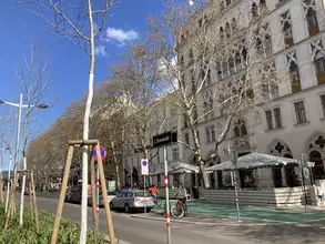 Städtische Straße mit blauen Himmel und wenigen Wolken. Auf der linken Seite stehen junge Bäume und eine Fahrradspur. Rechts sind Tische und Stühle vor einem Gebäude mit architektonischen Details, während Autos und ein Fahrrad auf der Straße parken.