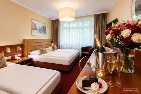 Ein gemütliches Hotelzimmer mit zwei Einzelbetten, einem Tisch mit Gläsern und Sekt, sowie einem Bouquet aus Blumen. Auf dem Tisch liegt ein Dessertteller mit Torte und Beeren. Große Fenster lassen Tageslicht herein und verleihen dem Raum eine einladende Atmosphäre.