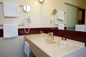 Ein Badezimmer mit einem Waschbecken, einem großen Spiegel und einem Föhn. An der Wand hängen zwei weiße Handtücher. Auf der Ablage stehen zwei Fläschchen und eine kleine Packung, während ein zusätzliches Handtuch von der Seite hängt.