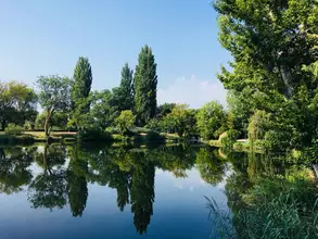 Ein ruhiger See umgeben von üppigem Grün. Hohe Bäume und Sträucher reflektieren im klaren Wasser. Der Himmel ist blau mit wenigen Wolken. Die Szenerie vermittelt eine friedliche, natürliche Atmosphäre.